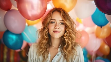 Happy fun young woman get a photo on celebrating with bunch of colorful balloons background