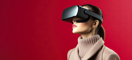 female experiencing metaverse while wearing VR headset on red background with copy space