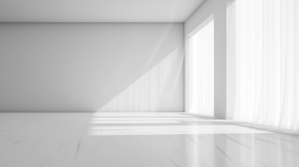 empty white room with curtains and windows at one side