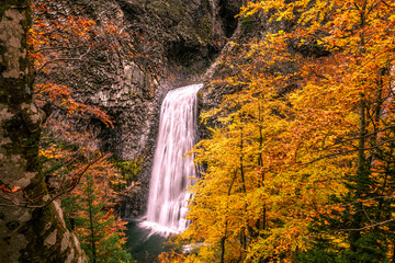 Fototapeta na wymiar Waterfall on volcanic rock in mountains during autumn