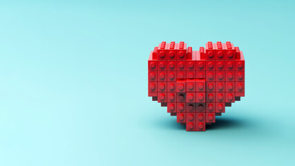 A romantic red heart made of plastic building blocks for kids, in the style of Valentine's Day, against a light mint background.