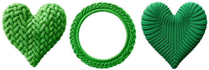 Set/collection of knitted green hearts. Knitted green round frame. Isolated on a transparent background.
