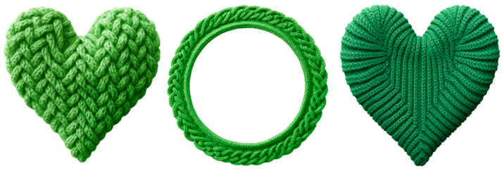 Set/collection of knitted green hearts. Knitted green round frame. Isolated on a transparent background.