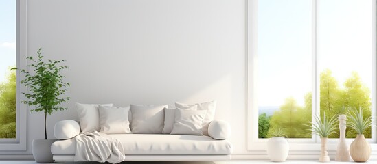 Scandinavian illustration of a minimalist white living room with a sofa and a summer landscape in the window