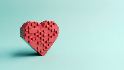 A romantic red heart made of plastic building blocks for kids, in the style of Valentine's Day, against a light mint background.