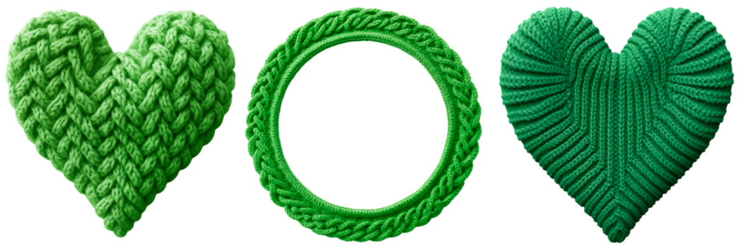 Set/collection of knitted green hearts. Knitted green round frame. Isolated on a transparent background.