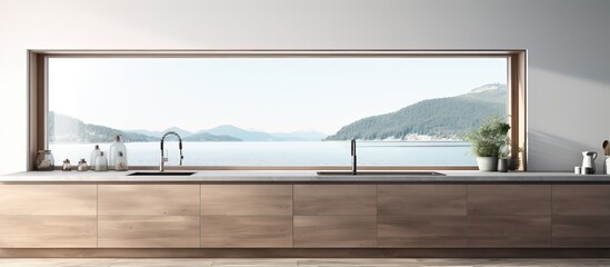 illustration of contemporary kitchen with wood accents and large waterfront view