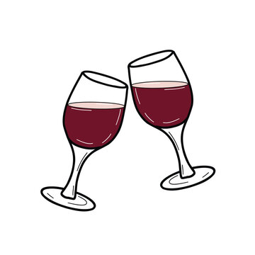Two red wine glasses. Vector flat hand drawn illustration, colored. Alcohol beverage glassware doodle.