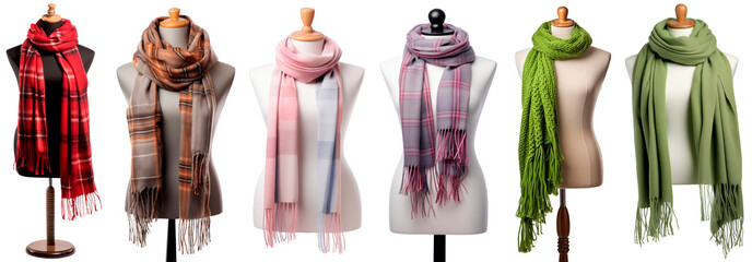 Set/collection of warm scarves on mannequins. Green, pink, red scarves with fringe. Isolated on a transparent background.