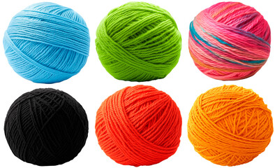 Set/collection of multi-colored balls of wool. Wool for knitting. Isolated on a transparent background.