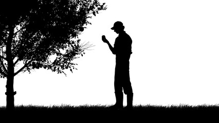 Portrait of person farmer isolated on white background with alpha channel. Black silhouette of gardener standing next to a tree and holding an apple.