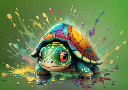 Watch as this adorable turtle embraces its inner artist, splattering joyous hues in every direction