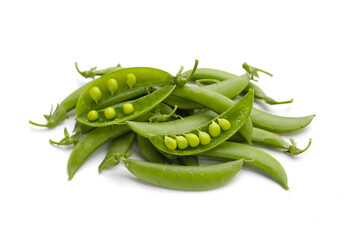 Fresh young green peas on white background.