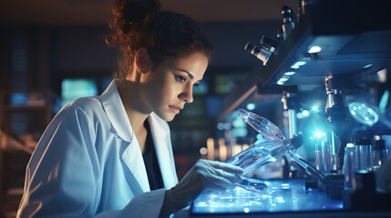 Portrait of a medical researcher working on groundbreaking innovations, with a lab setting and modern medical tools. Concept of Cutting-Edge Medical Research, Scientific Breakthroughs in Healthcare. - obrazy, fototapety, plakaty