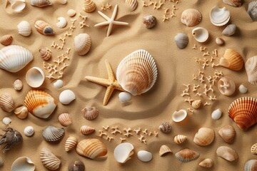 Fototapeta na wymiar Top view of beach sand with starfish and seashell. Generative AI