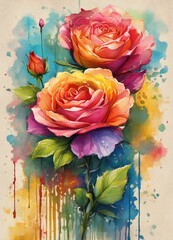 Colorful wildflower, illustration, concept artile pattern, seamless, Colorful roses, paint drip, concept art, ink outlines, smooth texture.