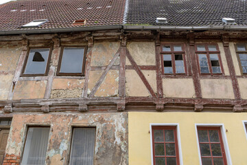 Detail of old, crumbling half-timbered houses in Egeln, Saxony-Anhalt, Germany