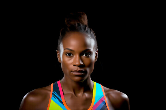 Woman of African descent in sportswear on a black background. Professional runner with a serious expression. Gym advertising concept.