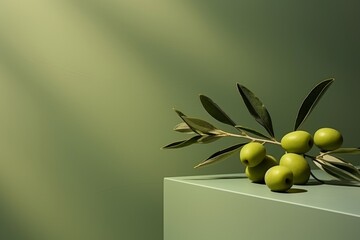 Olive branch on dark green podium stand with soft light and shadow. Minimal concept background. Banner with copy space. Flat lay, top view.