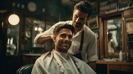 Barber and client in a vintage barber shop, capturing classic grooming poses. Concept of grooming, vintage styling, masculine grooming rituals, classic haircuts.