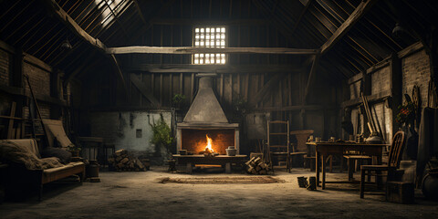 Old wooden house in the dark with a burning fireplace in the background  - obrazy, fototapety, plakaty
