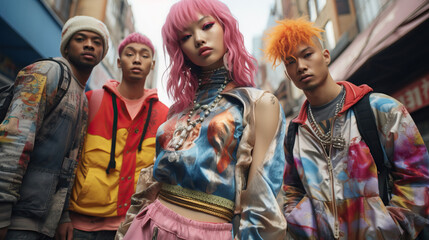 Fototapeta premium Individuals posing in vibrant and unconventional street fashion, representing alternative subcultures. Pink hair. 