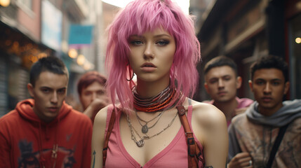 Obraz premium Individuals posing in vibrant and unconventional street fashion, representing alternative subcultures. Pink hair. 