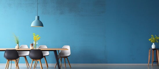 Blue painted wall in modern apartment with table and chairs in spacious dining room
