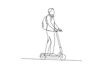 Fototapeta na wymiar Man driving scooter to office. Daily activity minimalist concept. Vector, single continuous line.