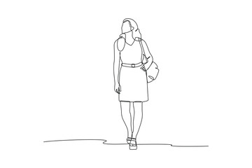 Woman walk to office. Daily activity minimalist concept. 
Vector, single continuous line.