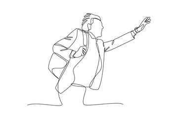 Man late to office. Daily activity minimalist concept. 
Vector, single continuous line.