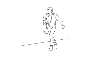 Man runnung g to office because late wake up. Daily activity minimalist concept. 
Vector, single continuous line.