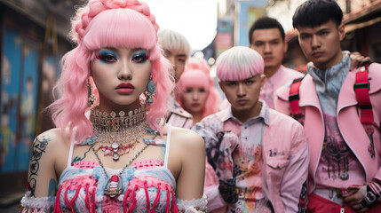 Individuals posing in colorful and avant-garde Harajuku fashion on the streets of Tokyo. Pink Hair. Concept of Unique Street Style.