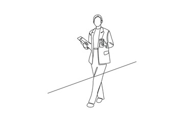 Woman officer into the office with a cuo of tea. Daily activity minimalist concept. 
Vector, single continuous line.