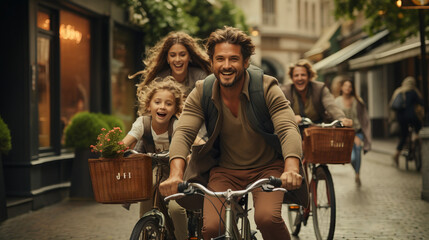 Family riding bicycles with reusable bags for shopping. Concept of Eco-Friendly Shopping Practices, Sustainable Transportation, Family Bicycle Trip for Shopping.