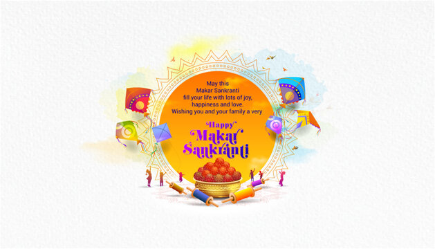 Poster of Makar Sankranti festival. Indian hindu traditional festival of kites flying.