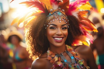 A smiling woman in a colorful feathered headdress and necklace at a carnival