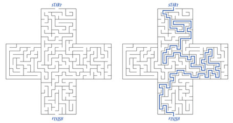 Labyrinth in a shape of big cross or positive sign. Big plus icon with a maze inside it. Cool design of common favourite puzzle game. Solution included