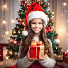 Beautiful Little Girl Wearing Santa Hat Holds A Gift With A Background Of A Festive Christmas Tree. Close-Up Portrait. Merry Christmas And Happy New Year
