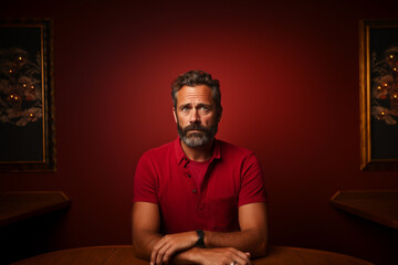upset guilty man sitting at table on valentine's day, on red background