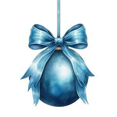 blue watercolor Christmas ball with ribbon and a bow, isolated on background. Generative AI.