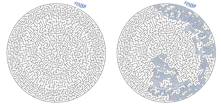 Large round complex labirinth. Vector circular maze. Difficult education puzzle with task to search exit or find the way to center of maze. Solution included