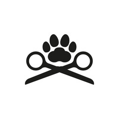 Dog and cat grooming logo design template. Scissors and paw print. Vector illustration. - obrazy, fototapety, plakaty
