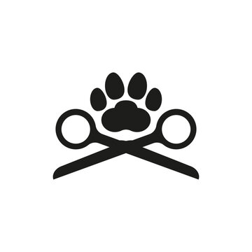 Dog and cat grooming logo design template. Scissors and paw print. Vector illustration.