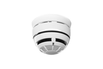 Smoke detector with red light on white ceiling. Safety at home