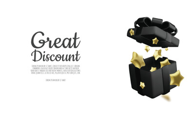 Happy New Year and Merry Christmas. Background with realistic holiday ball and gift. Christmas balls, gold stars, shiny confetti.