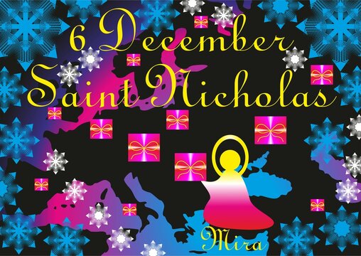 Bishop Saint Nicholas, parcels and gifts with bows, snowflakes, map of Europe and inscription: 6 December Saint Nicholas from Mira - illustration, abstract composition with pink neon color.