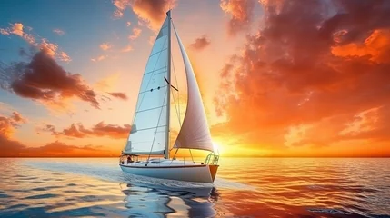 Gordijnen Aerodynamic harmony sailboat against the background of the sunset sky © JVLMediaUHD