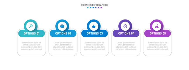 Timeline infographic with infochart. Modern presentation template with 5 spets for business process. Website template on white background for concept modern design. Horizontal layout.