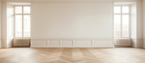 Empty apartment with parquet floor and windows - obrazy, fototapety, plakaty